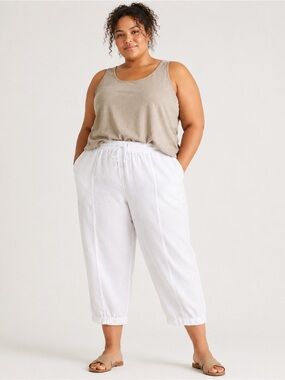 Athleta 2X White 100% Linen Pull On Crop Pants Drawstring Elastic Waist Plus